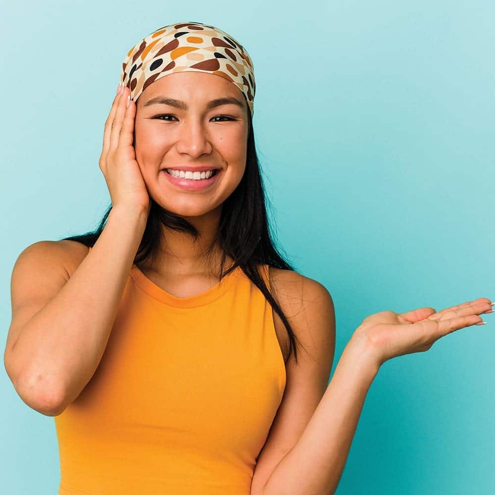 woman wearing a bandanna around her head