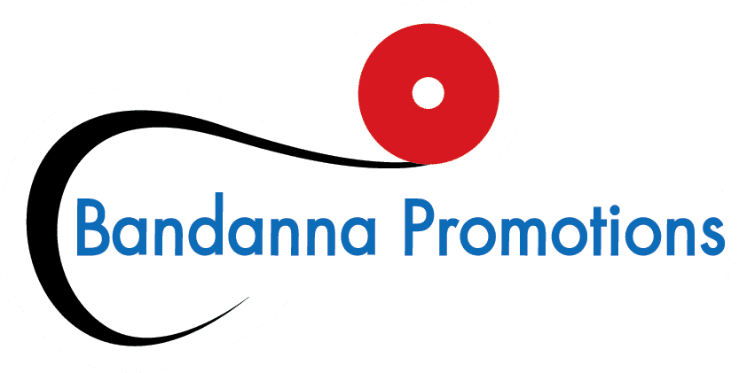 The Bandanna Promotions logo features a red circle above bold black curved lines, resembling a stylized guitar, with the company name Bandanna Promotions in blue text on a white background. The Bandanna Promotions logo features a red circle above bold black curved lines, resembling a stylized guitar, with the company name Bandanna Promotions in blue text on a white background.