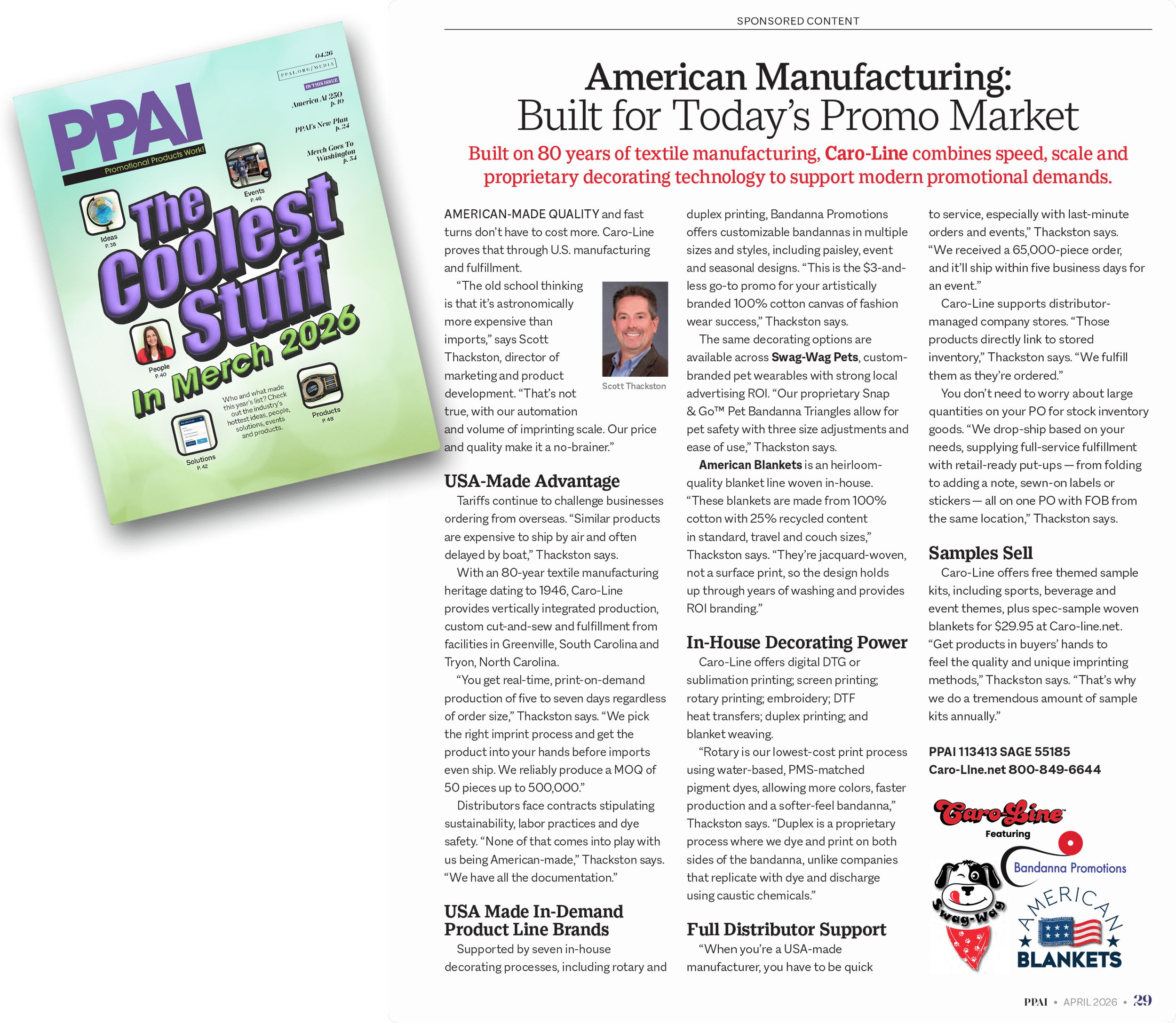 Scott Article A magazine page features an article titled American Manufacturing: Built for Today’s Promo Market next to an illustrated PPAI magazine cover reading The Coolest Stuff in March 2023. Logos and images of promotional blankets, including Scott Thackston's, appear at the bottom.