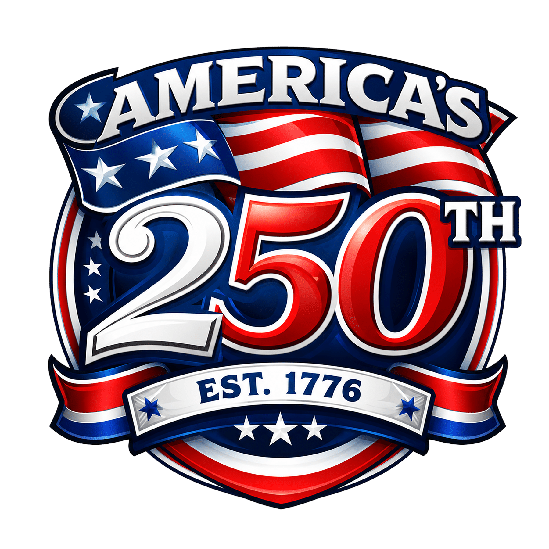 A patriotic emblem featuring Americas 250th with stars and red, white, and blue stripes, and a banner reading Est. 1776, celebrating the United States 250th anniversary.