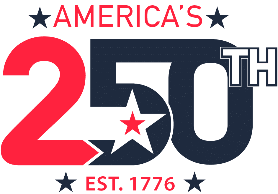 Text graphic reading Americas 250th Est. 1776 with stars and bold red and navy numbers, commemorating the 250th anniversary of the United States.