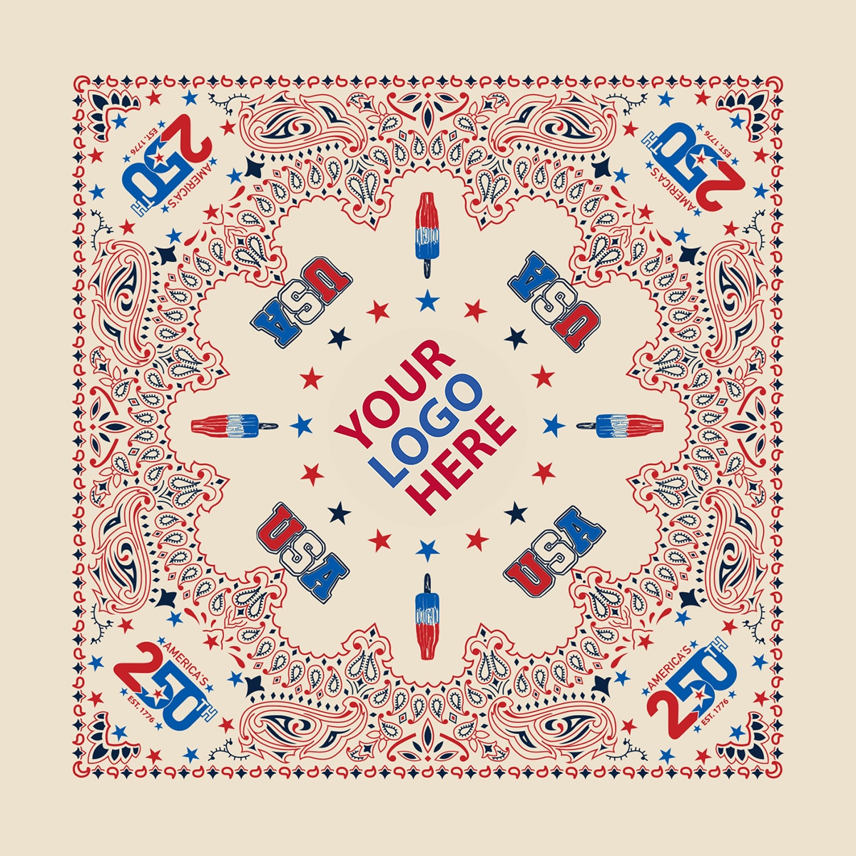 Patriotic bandana design with red, white, and blue paisley patterns, stars, and USA-themed graphics. The text YOUR LOGO HERE is centered, with USA and 250 in corners, suggesting customization for a 250th celebration. Patriotic bandana design with red, white, and blue paisley patterns, stars, and USA-themed graphics. The text YOUR LOGO HERE is centered, with USA and 250 in corners, suggesting customization for a 250th celebration.