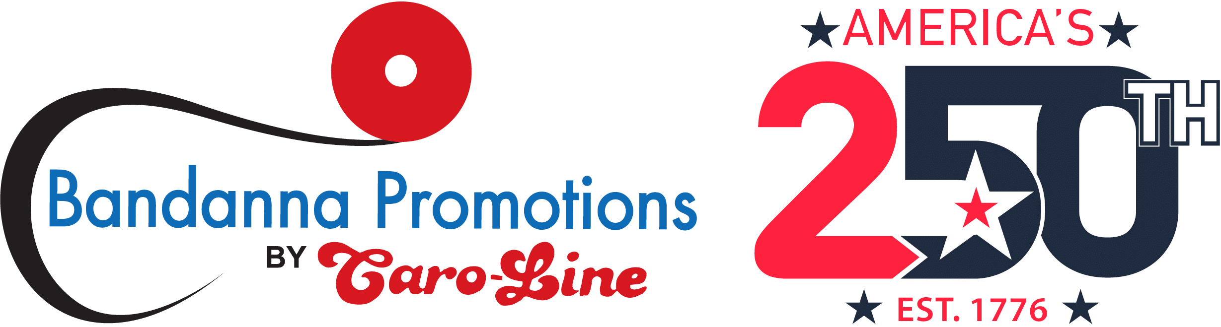 Logo for Bandanna Promotions by Caro-Line on the left, and a large 250th with stars and text Americas 250th, Est. 1776 on the right, marking Americas 250th anniversary. Logo for Bandanna Promotions by Caro-Line on the left, and a large 250th with stars and text Americas 250th, Est. 1776 on the right, marking Americas 250th anniversary.