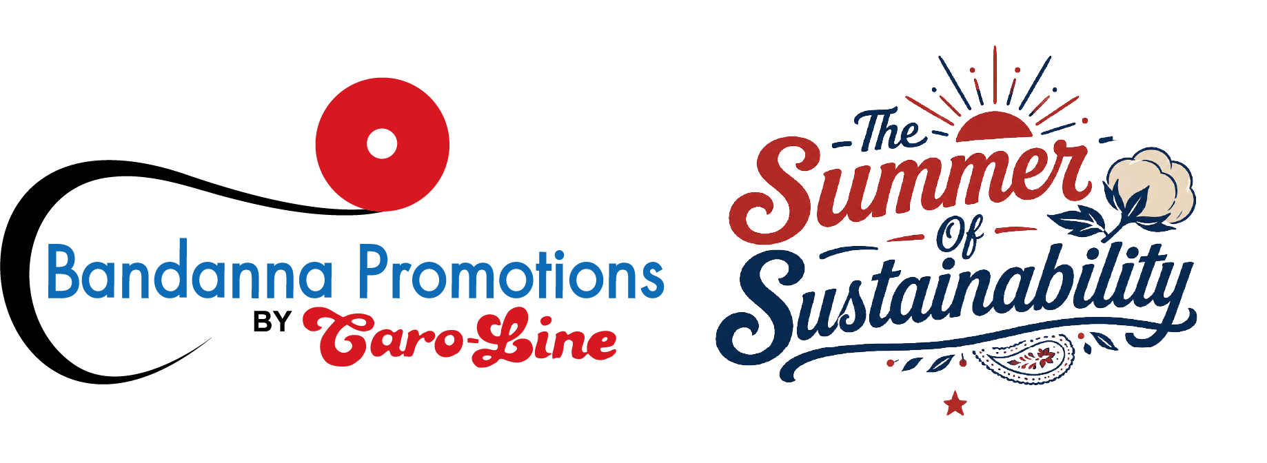 Two logos side by side: one for Bandanna Promotions by Caro-Line featuring a red circle and black swoosh, and another for The Summer of Sustainability with decorative text, a sun, cotton plant, and stars. Two logos side by side: one for Bandanna Promotions by Caro-Line featuring a red circle and black swoosh, and another for The Summer of Sustainability with decorative text, a sun, cotton plant, and stars.