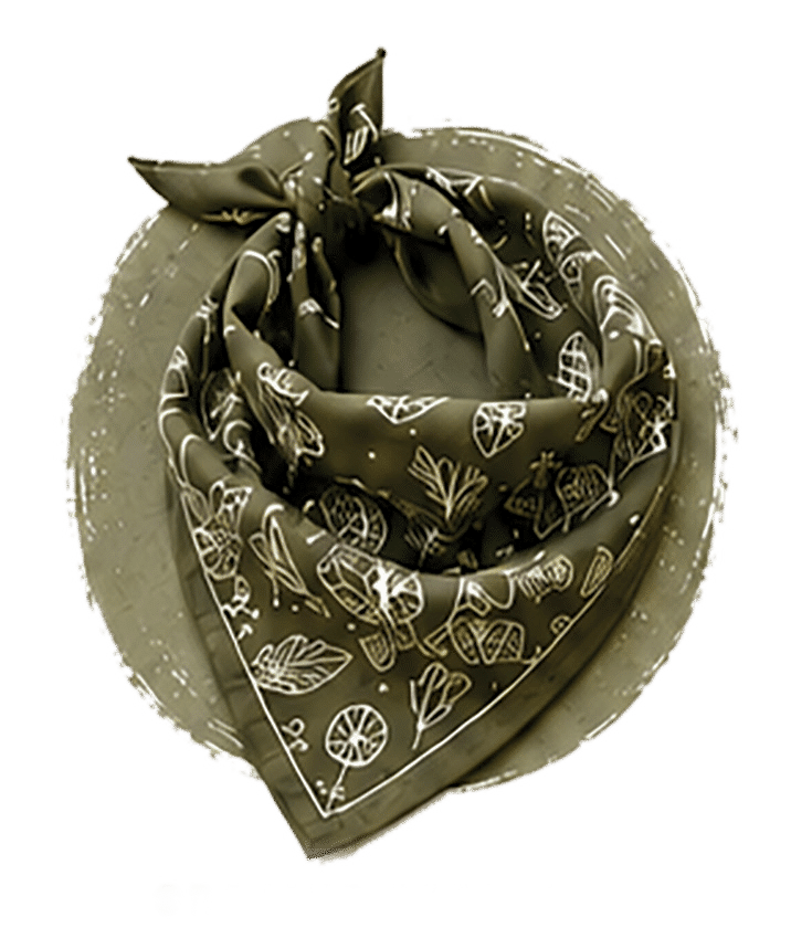 Olive green bandana with white botanical and fruit line drawings, folded in a triangular shape with a knot at the top, displayed on a matching circular background.