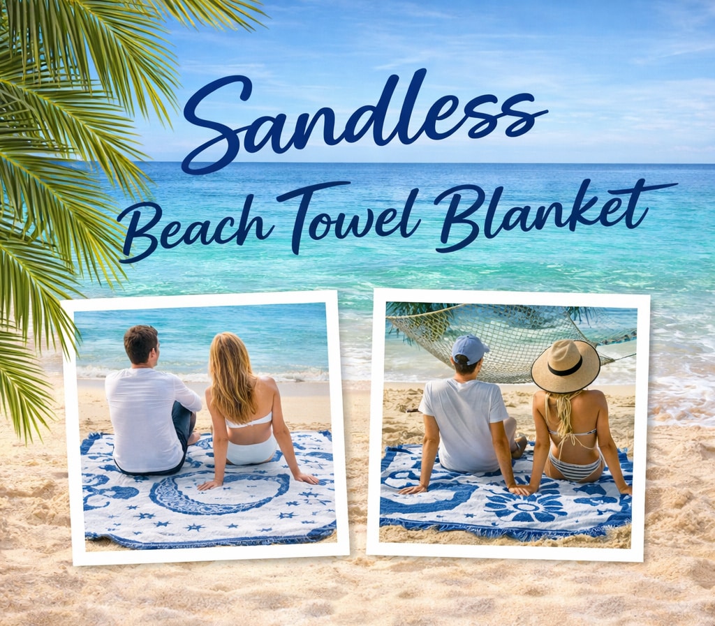 A tropical beach scene with palm leaves, blue ocean, and text reading Sandless Beach Towel Blanket. Two photos show couples sitting on patterned towels on the sand, enjoying the seaside view.