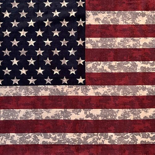 A stylized American flag with stars on a blue field and red and white stripes, all textured with a camouflage pattern.