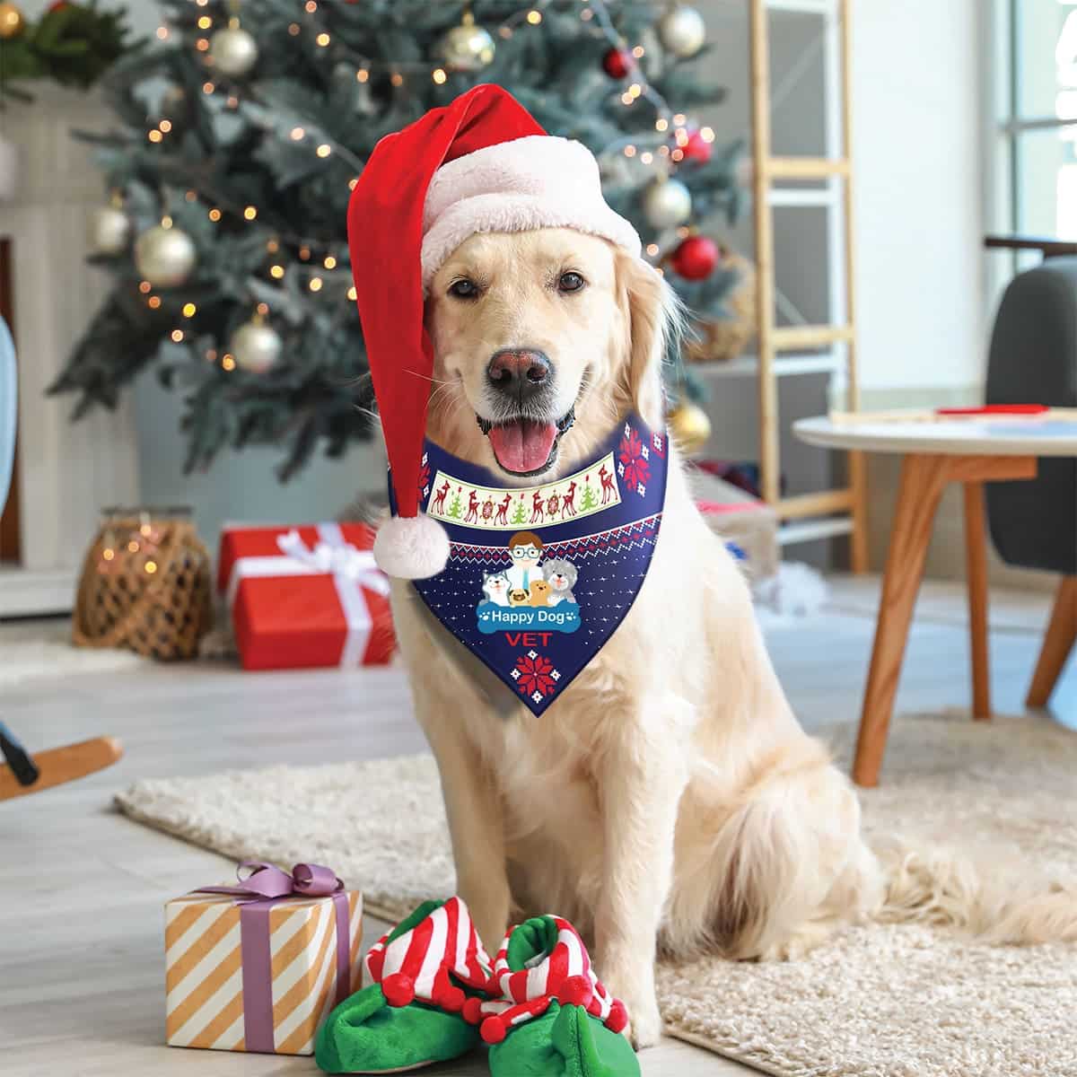Golden retriever wearing a Santa hat and festive bandana sits indoors by a Christmas tree, surrounded by wrapped gifts and holiday decorations.