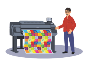 Digital Printer with associate standing next to it graphic bandana bandanna