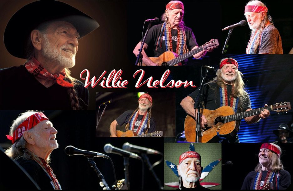 willie nelson in various concert poses wearing bandanna bandana
