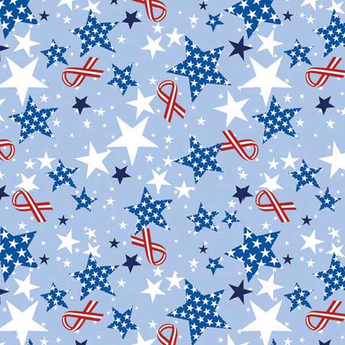 LIGHT BLUE BACKGROUND - RED RIBBONS - BLUE AND WHITE STARS